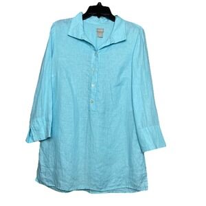 Chico's 100% Linen‎ Women Tunic Shirt Aqua Beachy Boho Coastal Size 0 (U.S 4/6)